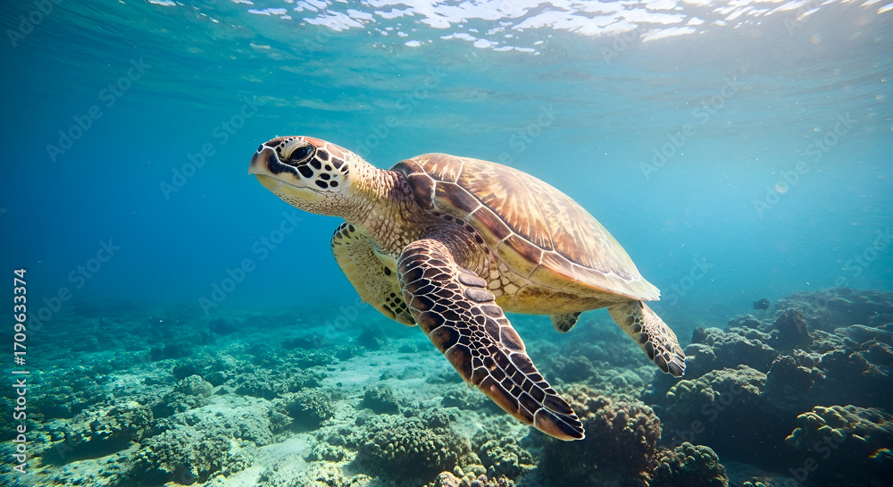 Obraz premium Sea turtle swimming underwater near the seabed