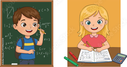 Happy kids learning math at school, studying together with books, blackboard, calculator, solving equations, enjoying education and numbers.