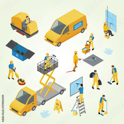 Isometric Detailed Illustration of Cleaning Service Workers and Equipment Set
