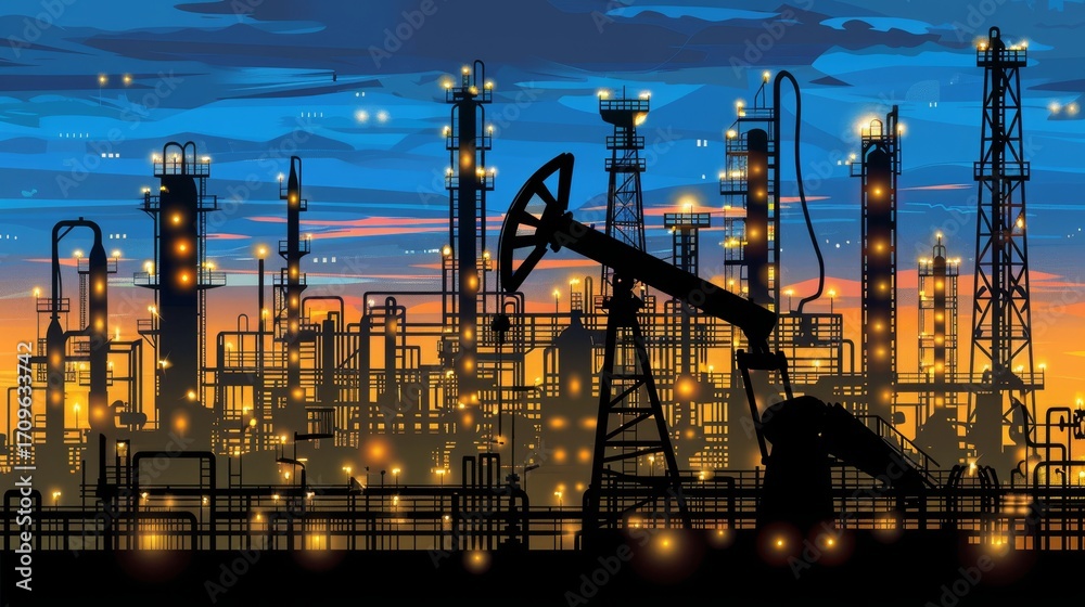Fototapeta premium Silhouette of oil pump against sunset a representation of the u.spetroleum industry