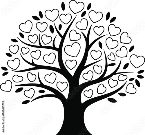 Stylized black and white vector illustration of a love tree with heart-shaped leaves, symbolizing love, romance, family, and relationships.