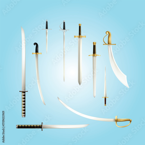 Realistic Rendered Sword Weapon Collection Sharp Blade Steel Equipment Illustration