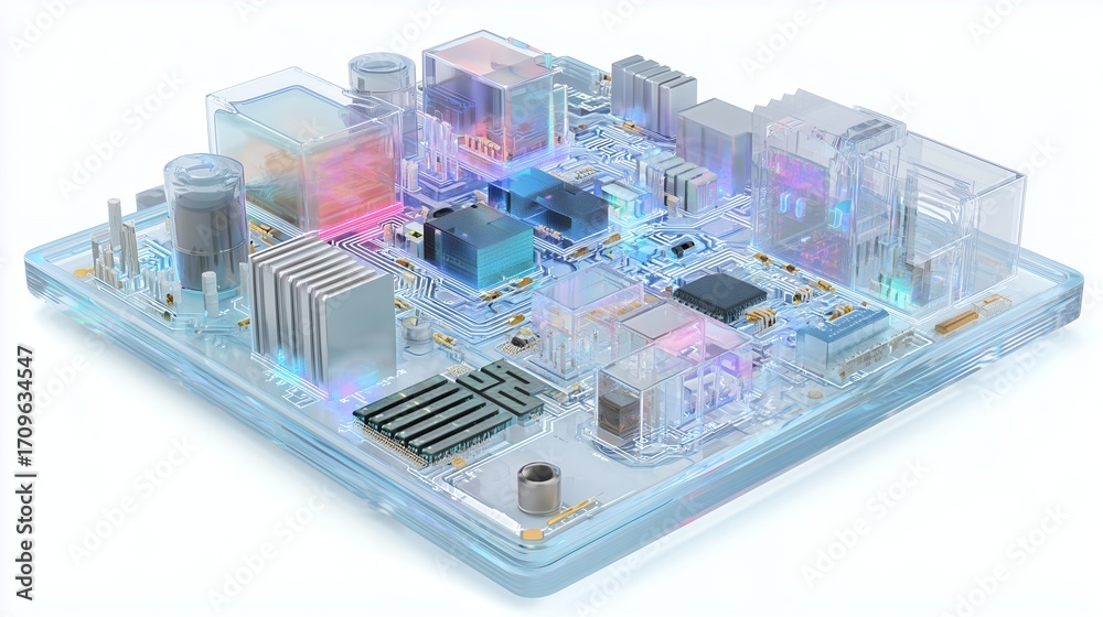Obraz premium An isometric macro of a computer motherboard with various electronic components, circuits, and a central processor chip on a white background