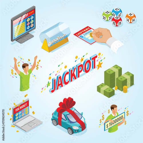 Isometric Illustration of Lottery and Jackpot with Money, Car, and Winning Elements