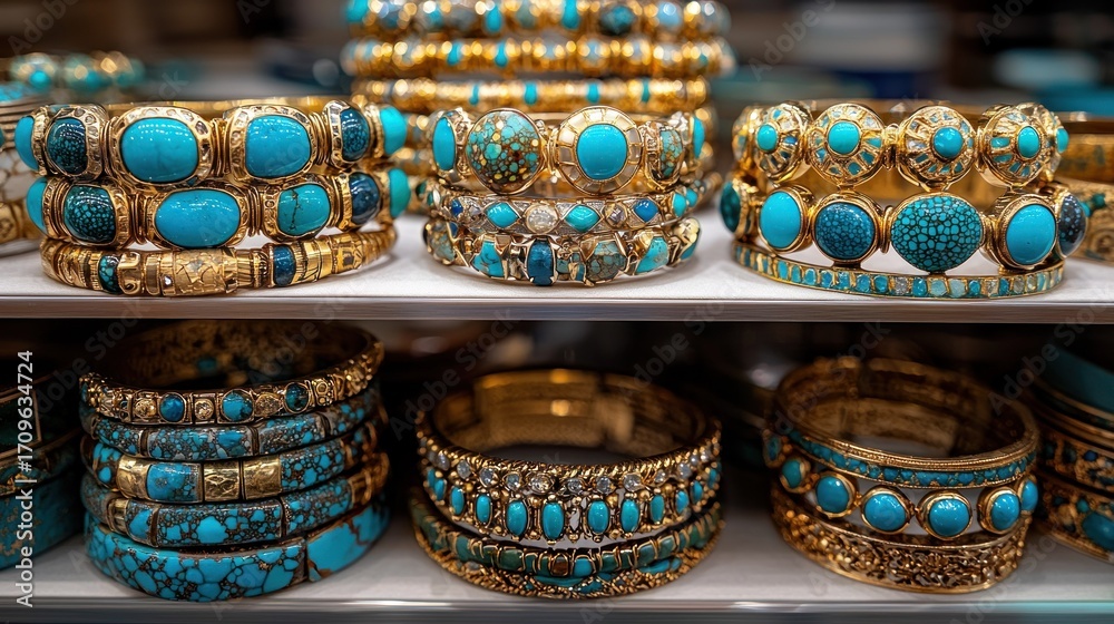 Fototapeta premium Stunning Turquoise and Gold Bracelets Collection