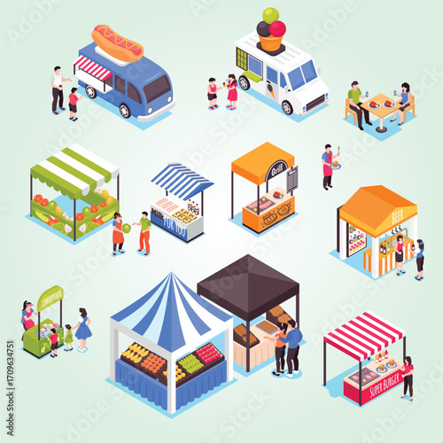 Isometric Detailed Street Food Market Scene with People and Kiosks