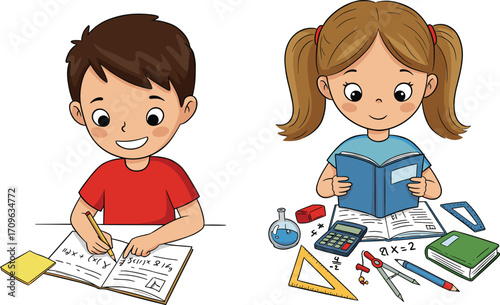 Cartoon vector of happy school kids studying math, boy at chalkboard and girl doing homework with books, calculator, and stationery.