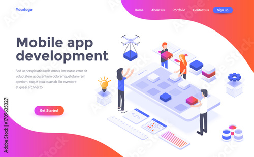 Flat color Modern Isometric Concept Illustration - App development  A webpage with “ile app lopment” text, showing isometric figures and a drone, on a light background with pink elements