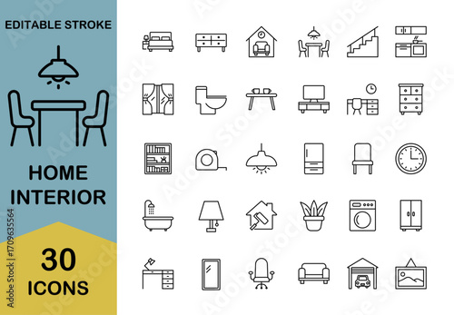 Home Interior Icon Set. – Includes furniture , home appliances, kitchen and bathroom. Editable stroke. Vector illustration.