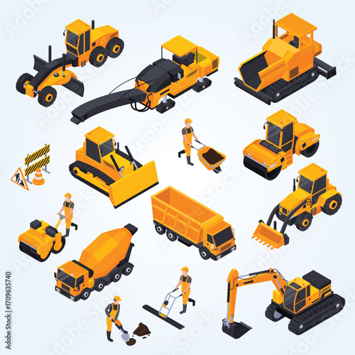 Isometric Style Detailed Construction Machine and Worker Illustration Set