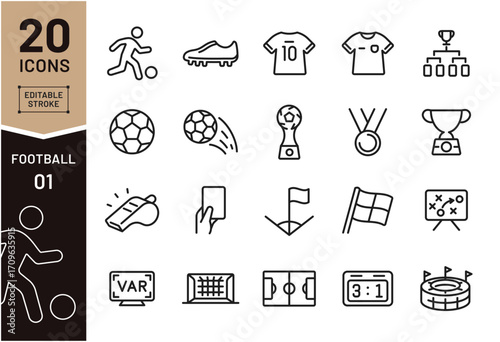 サッカー・フットボールのアイコンセット（20種類・シンプル線画）