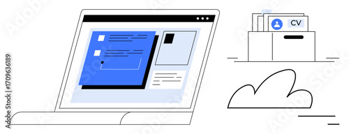 Laptop with interactive digital interface, folder labeled CV implying recruitment, and cloud graphic. Ideal for recruitment, cloud storage, data management, career platforms, job applications, HR