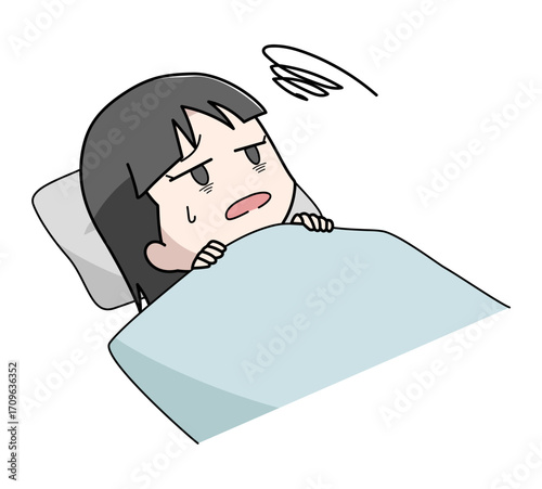 布団に入っても眠れない女の子のイラスト