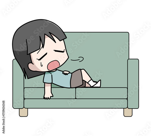 疲れてソファに横になる女の子のイラスト