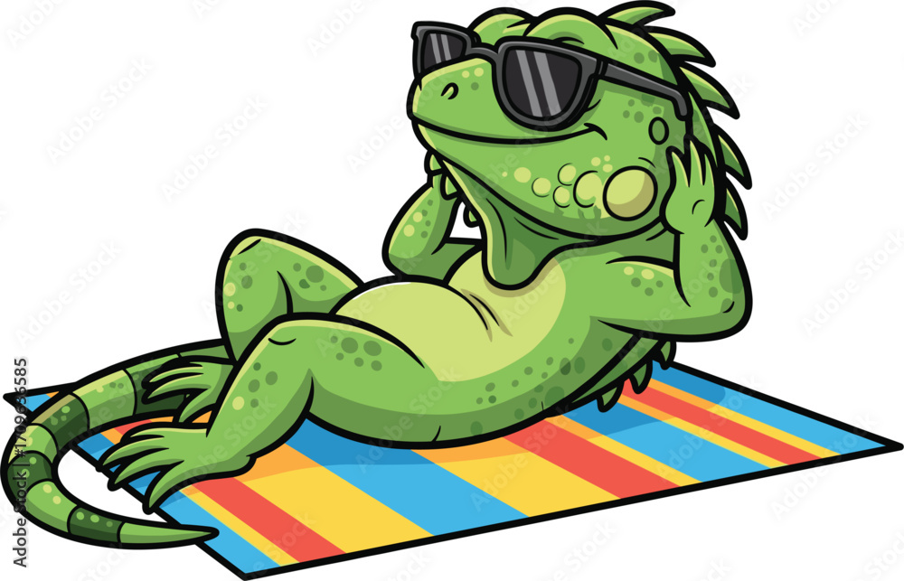 Fototapeta premium Cute cartoon iguana wearing sunglasses relaxing on a beach towel