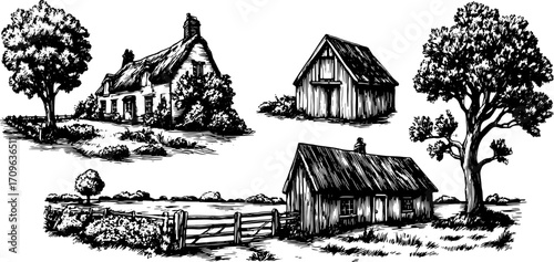 Cottage and houses in a vintage black and white vector illustration. Scenic rural landscape with trees, depicted in detailed art set.