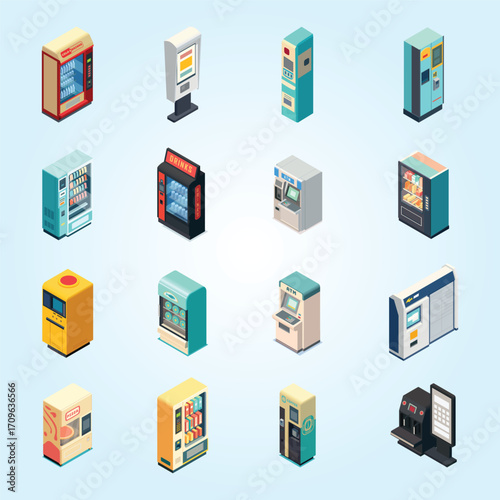 Isometric Minimalistic Vending Machine and Automated Teller Machine Illustration Set