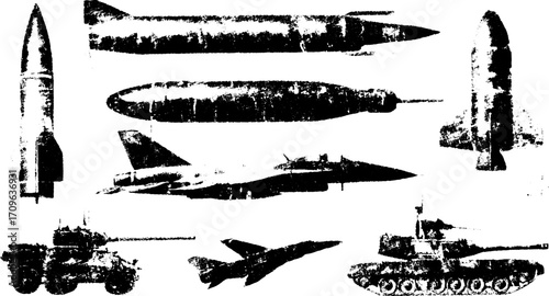 Military vehicles set: tank, missile, jet, and rocket illustrations in black and white. Vector illustration of military equipment.