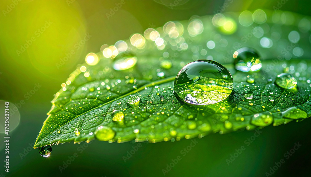 Fototapeta premium Dewdrops on Green Leaf