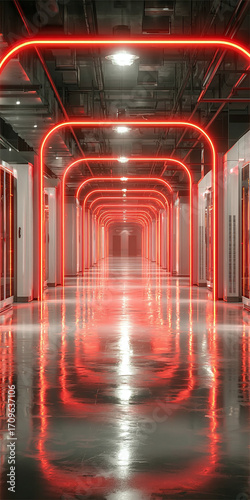 Red Neon Arches in a Data Center An Abstract and Futuristic Perspective