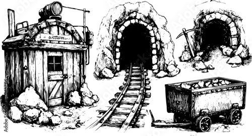 Mining cart in a vintage drawing style. Detailed vector illustration featuring tunnels, tracks, and rocky structures in a mining set.
