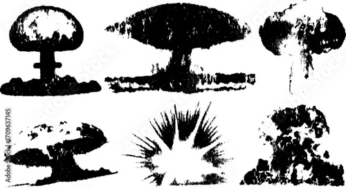 Mushroom explosion effect with fire and smoke. Black and white vector illustration showcases a nuclear blast theme in a simple visual set.
