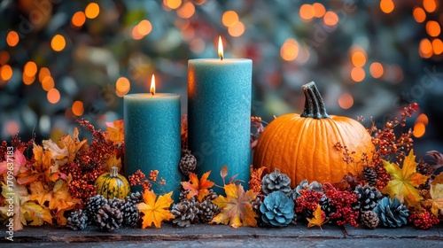 Autumnal Still Life: Teal Candles, Pumpkin, and Fall Foliage