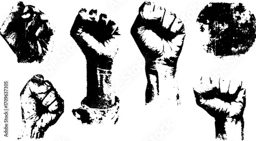 Graphic illustration of clenched fists symbolizing power and strength. This set of black vector drawings showcases various hand gestures.