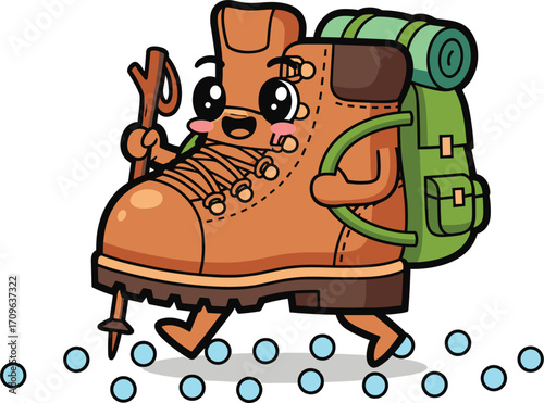 Cute cartoon hiking boot with backpack and walking stick on a trail