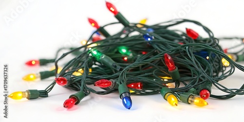 A tangled mess of colorful christmas lights with red green yellow and blue bulbs on a white background ready for holiday decoration