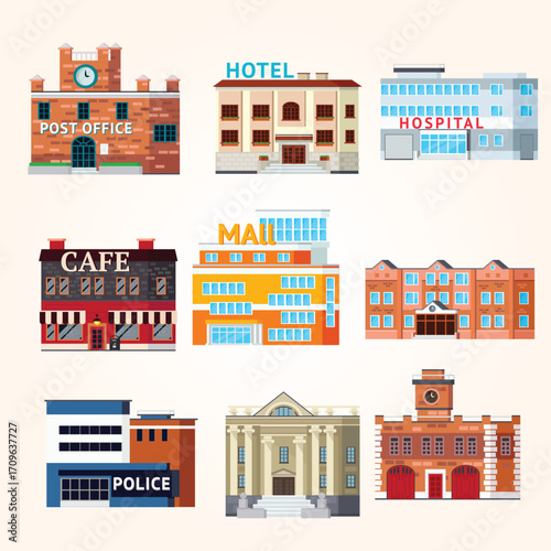 Flat Design Collection of Various City Building Illustration Asset