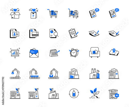 Illustration Icon Set with Line and Partial Fill Color Highlights. Covering E-commerce, Business, Marketing, Industry, Factory, Environment, and More Themes.