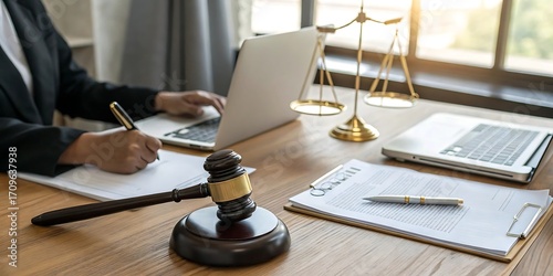 Lawyer working at desk with laptop gavel and scales of justice symbolizing legal proceedings and professional legal services
