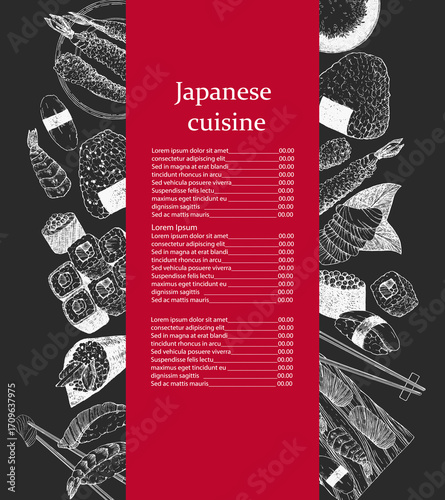 Japanese Restaurant Menu. Hand-drawn illustration of dishes and products. Ink. Vector
