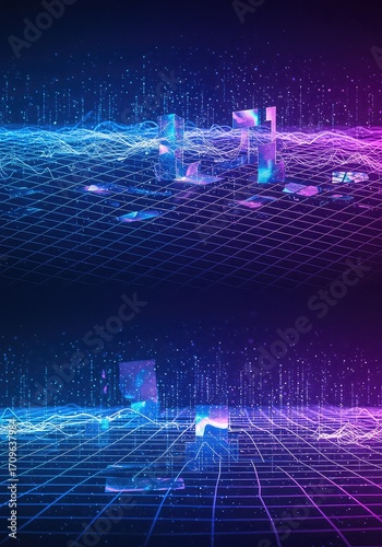 Abstract futuristic grid with neon lights and floating shapes.