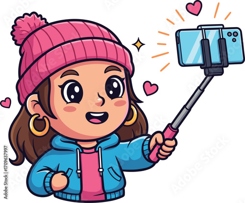Cute cartoon girl taking a selfie with a selfie stick and smartphone