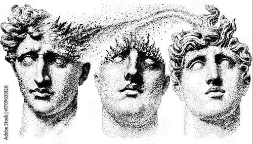 Classical head sculpture set in detailed black and white vector illustration. Reflects ancient culture and artistic expression.