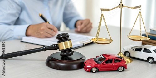 Justice for auto accidents gavel scales of justice and toy cars symbolize legal representation and resolution