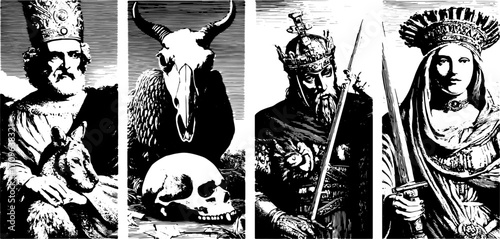 Illustration of kings and queens, featuring a skull and horn imagery. This black and white vector set displays dramatic character portraits.