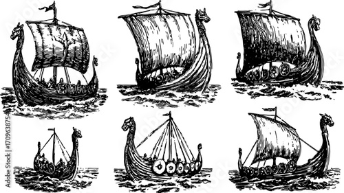 Viking ship vector illustration in classic black and white style. Set of detailed maritime designs showcasing ornate hulls and sails.