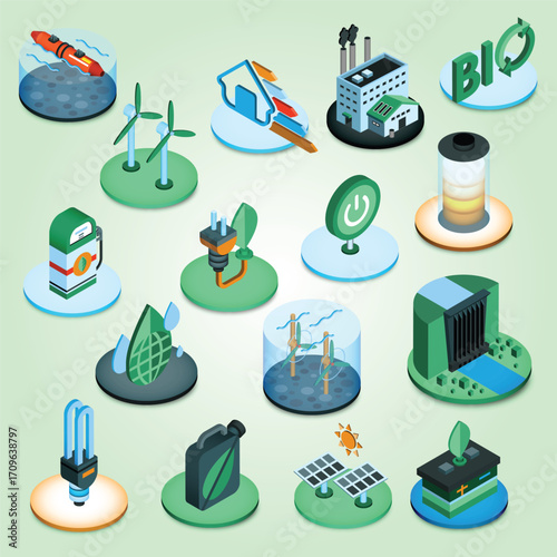 Isometric Style Renewable Resource Energy Concept Diverse Icon Illustration Set