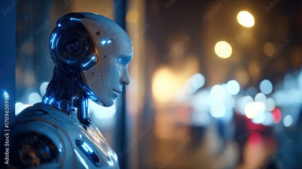 Fototapeta premium A robot security guard patrolling an office building at night, a scene of future automation.