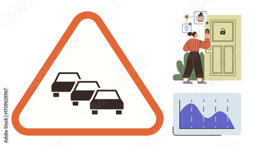 Traffic congestion symbol in red triangle, person using smart home facial identification technology, and a line chart displaying data trends. Ideal for safety, smart technology, home security