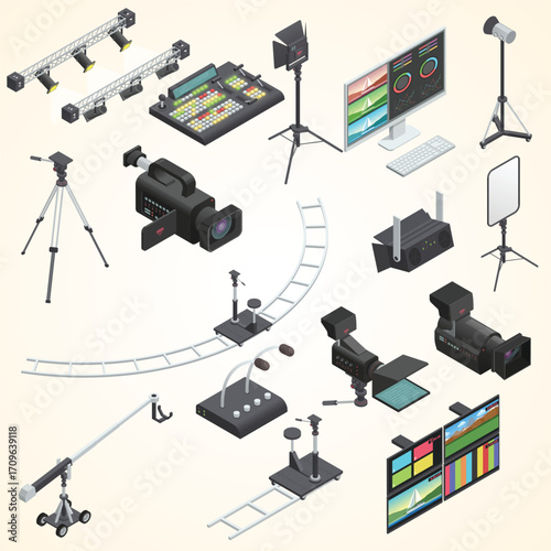 Isometric Detailed Film Production Equipment Set Illustration for Filmmaking
