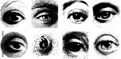 Array of eye designs in a vector illustration. This set showcases various details and contrasts with multiple shapes and styles.