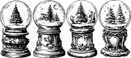 Vintage snow globes featuring winter scenes with trees and a cabin. Detailed vector illustration in a classic black and white set.