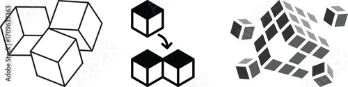 cube icon symbol with three blocks. three sugar cubes icon. cubic building icon. block chain logo icon for website design isolated on white background.3d cube icon set.Cubes icon black silhouette