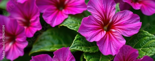 Close-up of vibrant purple flower petals and lush green leaves, showcasing intricate details and rich color saturation, fresh, botanical