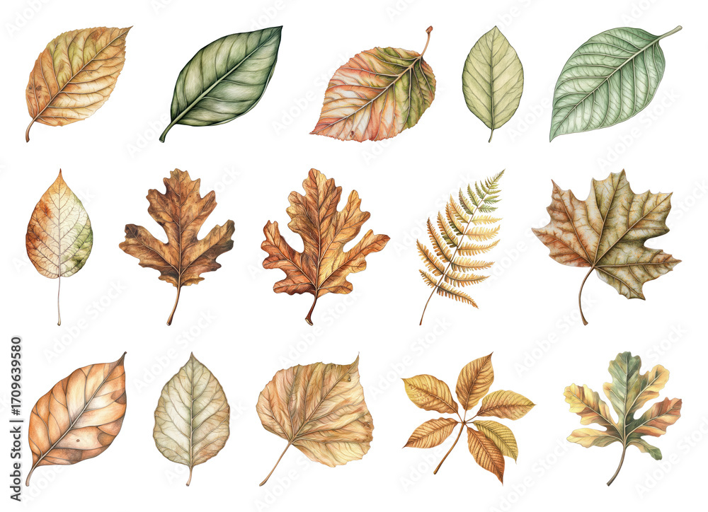 Obraz premium Detailed autumn leaves illustration collection.