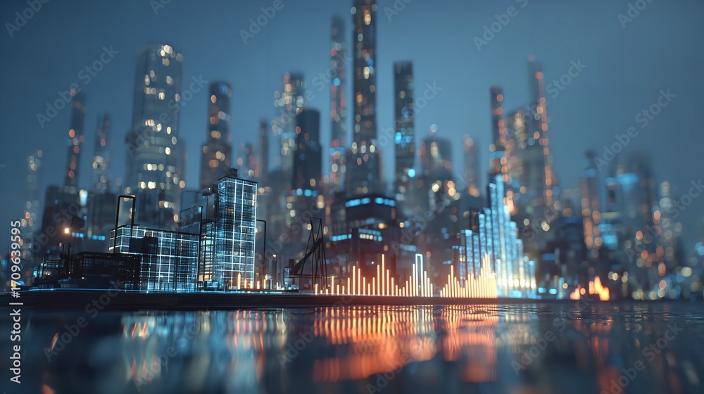Naklejka premium A futuristic cityscape glows revealing innovation and progress with luminous skyscrapers reflecting on sleek wet